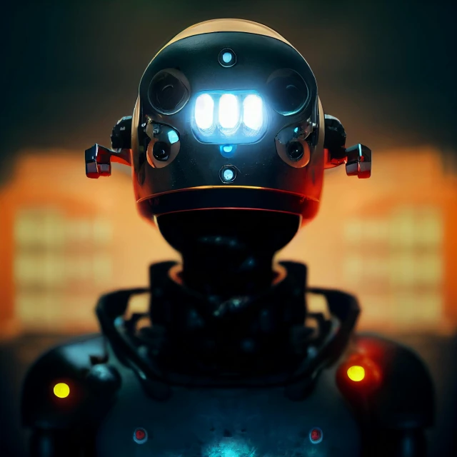 the robot with red eyes has three lights on it