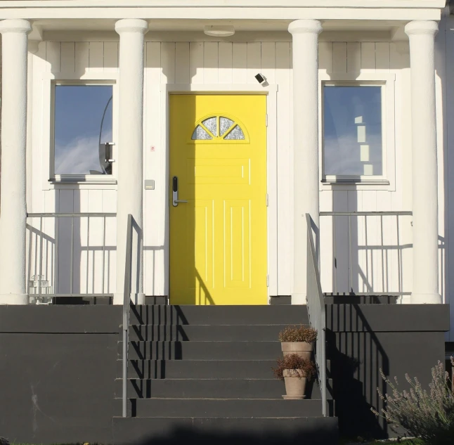 a yellow door is shown next to two plants and a cement staircase