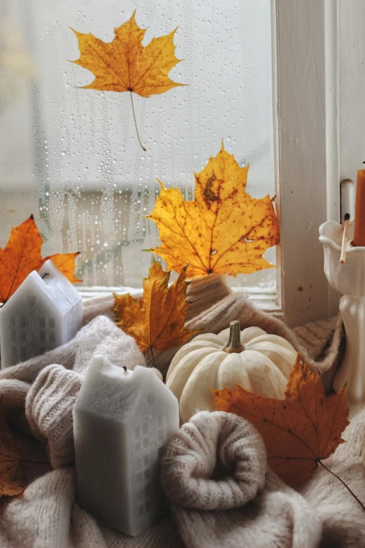 a candle sits on top of a cloth with autumn leaves