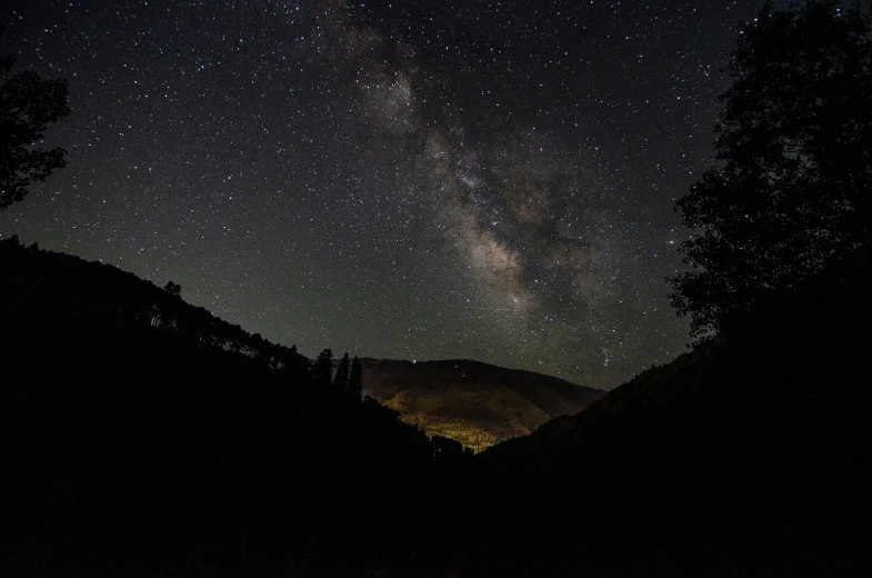 a dark night sky with stars over trees