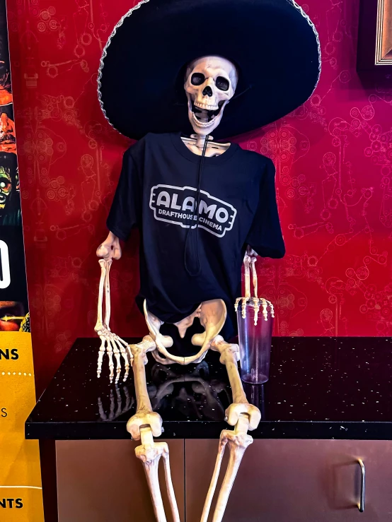 a skeleton in a sombrero with two glasses on top