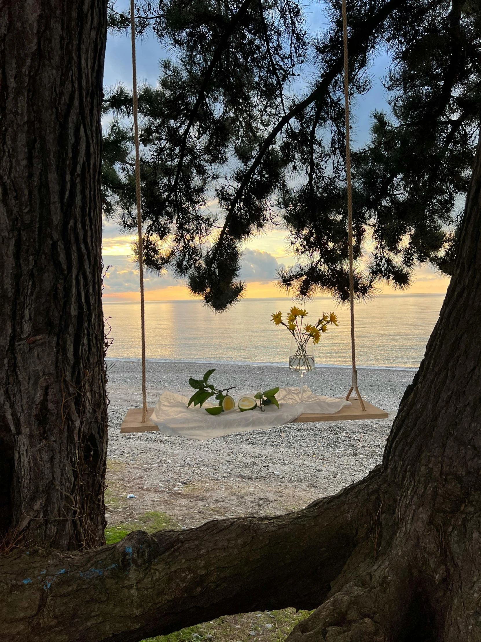 swings in the distance on the beach during sunrise