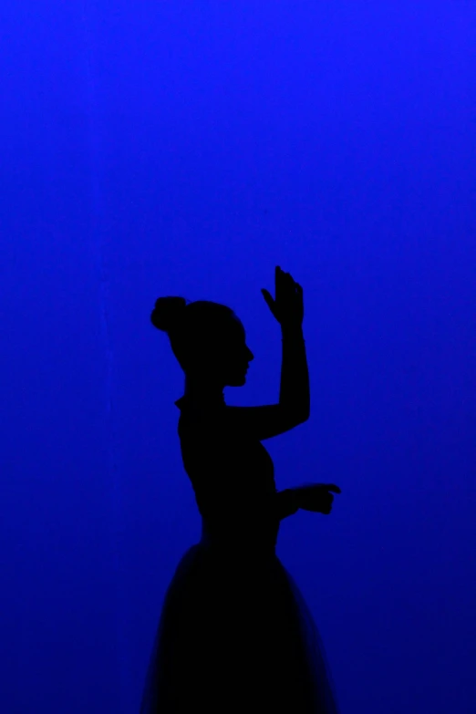 silhouette of a girl in a dress on the blue wall