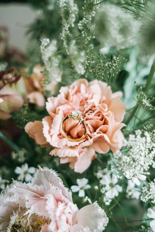 some pink and white flowers and two rings