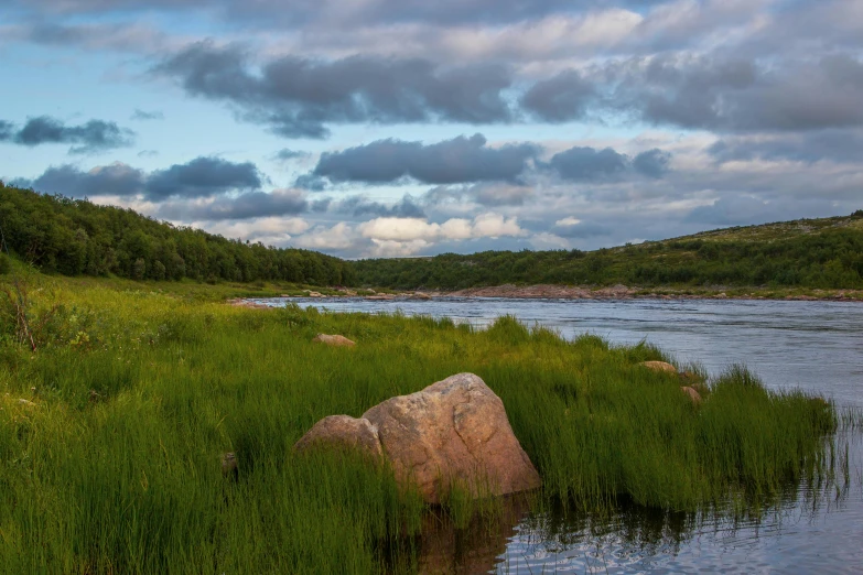 the rocky area has grass and water beside it