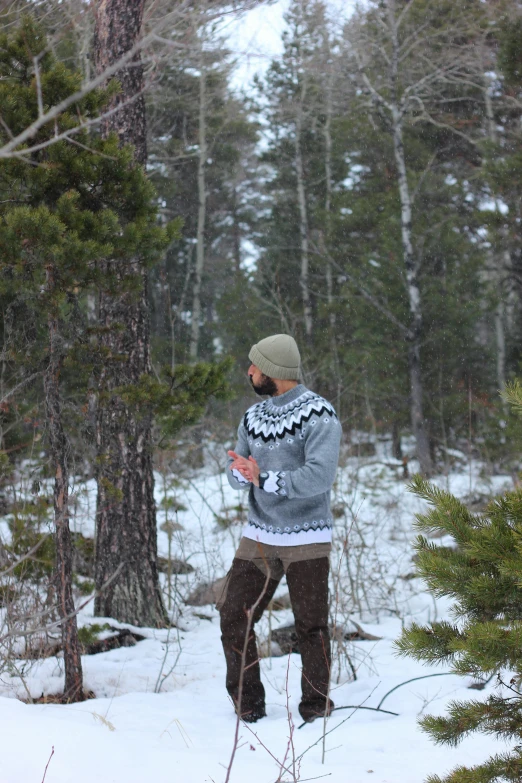 a person walking in the snow in front of some trees