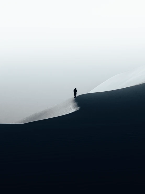 a lone person stands in the middle of a wide dune