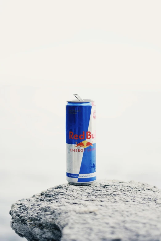 a red bull can sitting on top of a rock