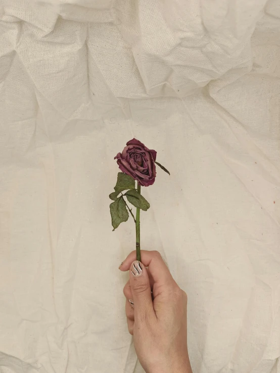 a hand holding an artificial flower on top of a bed