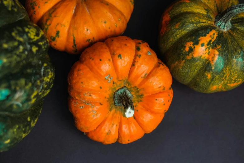 a group of five small pumpkins are placed next to each other