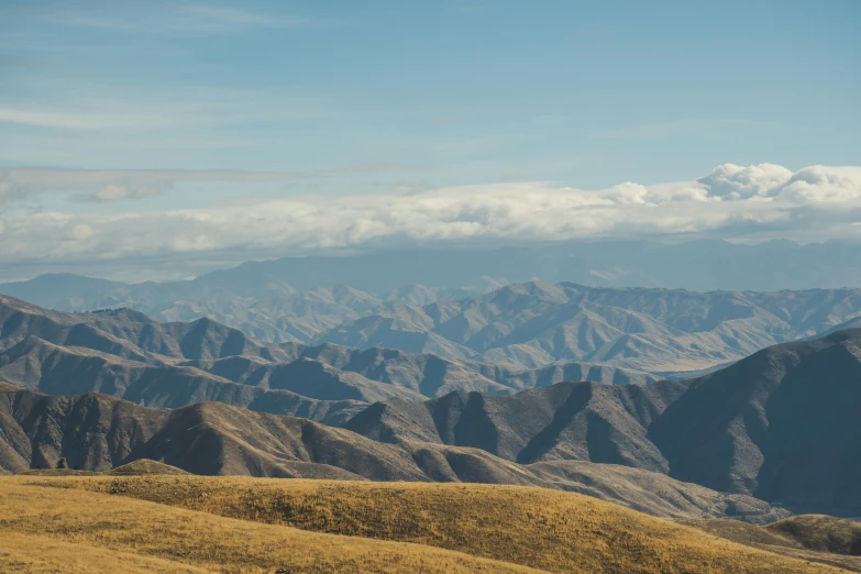 a large field of grass with mountains in the background