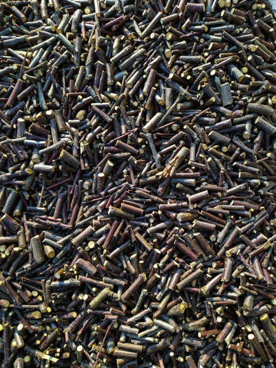 a large pile of yellow and black screws