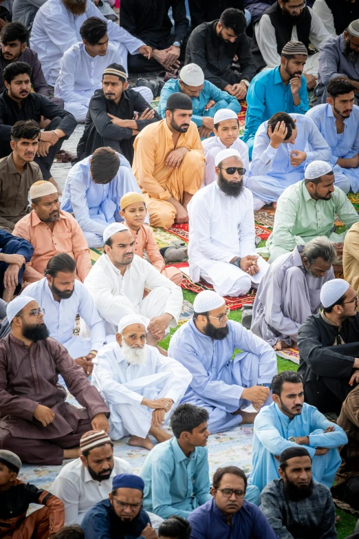 large group of people seated together in a field