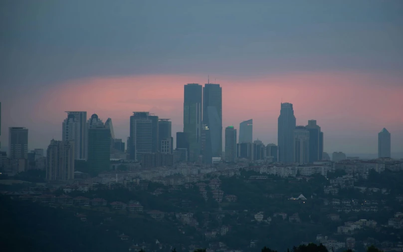 a skyline of skyscrs under the early evening sky