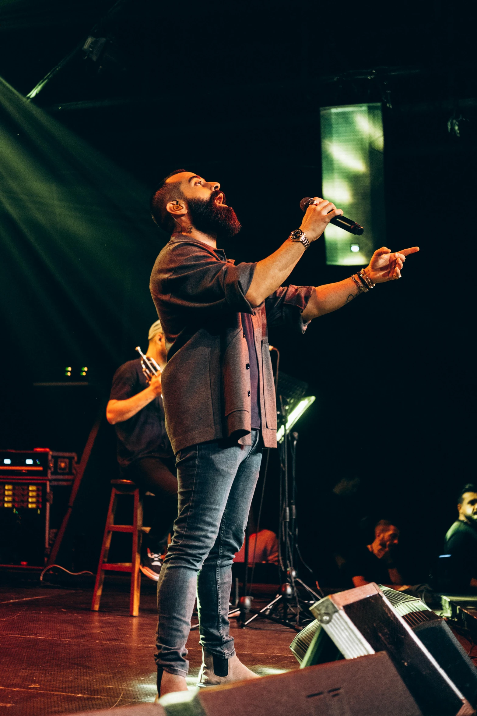 a bearded man singing into a microphone while performing