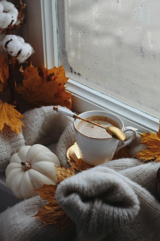 two cup of  beverages on the windowsill with autumn leaves