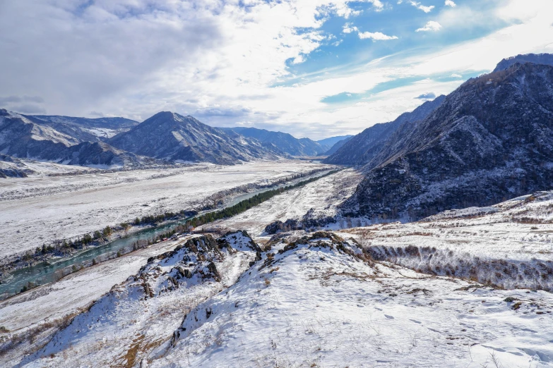 the mountainside are covered in snow and some green plants