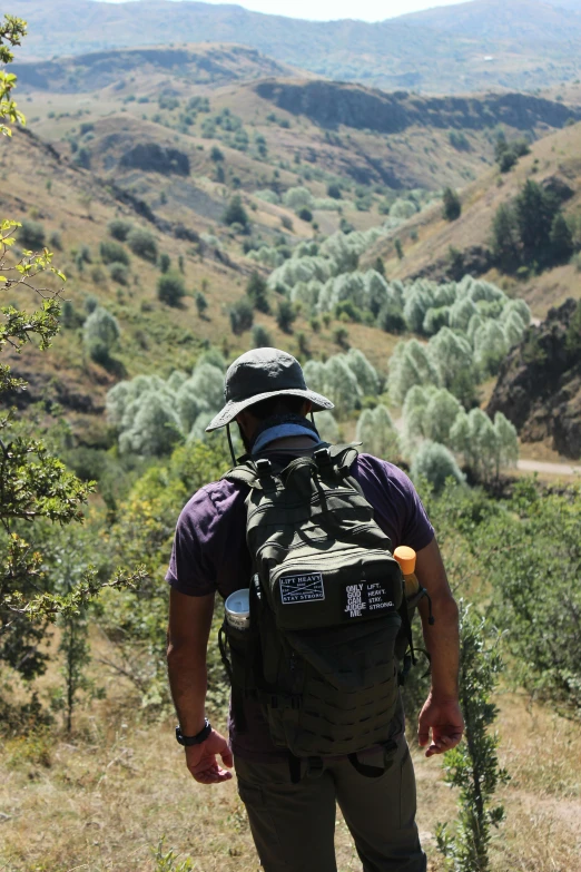 a man looking out at green mountains from the back