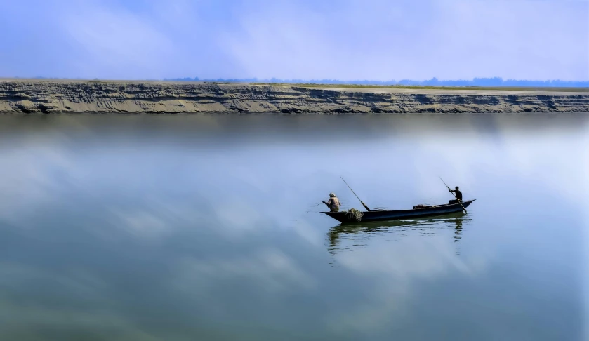 there are two people fishing on a boat in the water