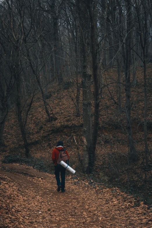 a person carrying a large white object in the woods