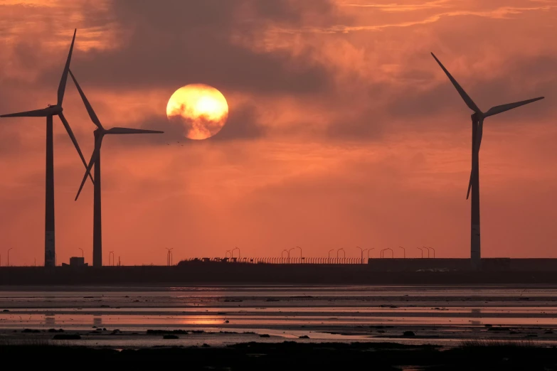 several wind turbines are shown at sunset on a beach