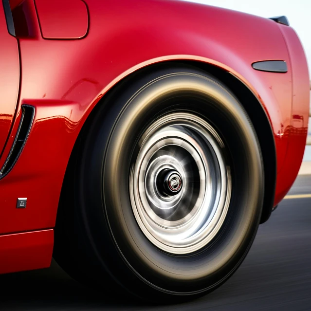 a red car with chrome wheels going down the street