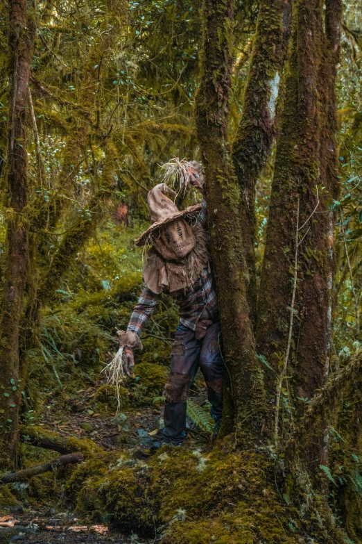 a man with a hoboom is hiking through a dense forest