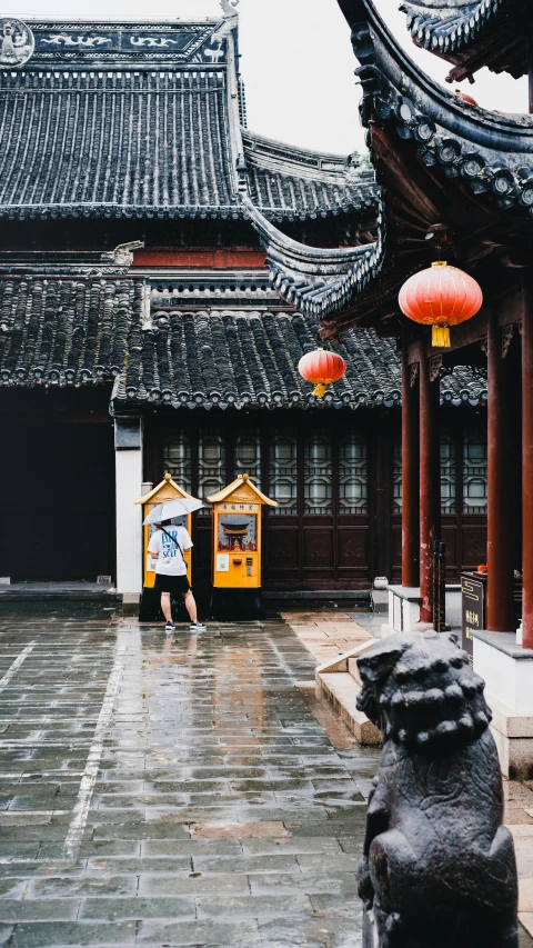 people outside an asian building with a small window