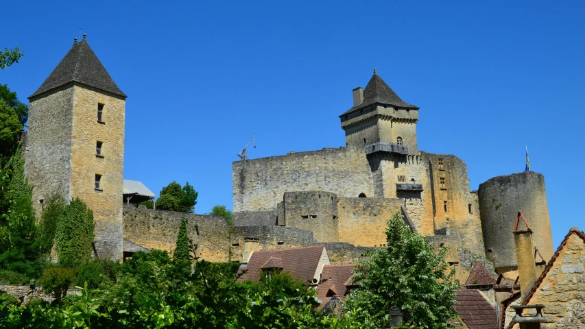 a castle with towers and some small trees