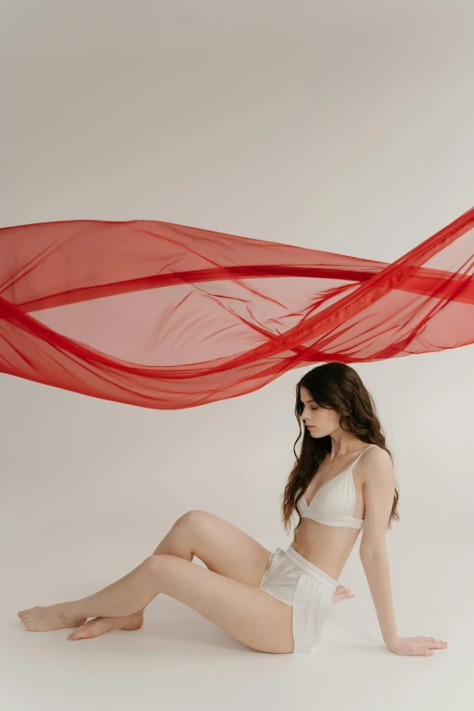 a woman in lingerie sitting under a red flowing blanket