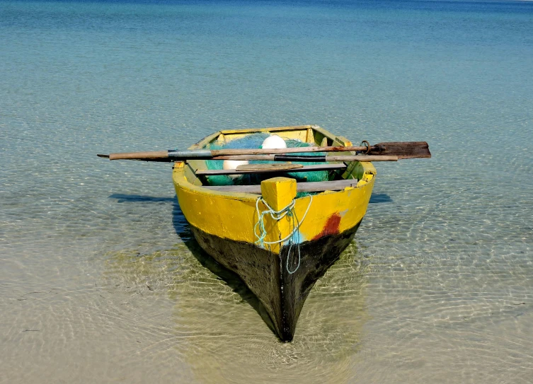 the yellow boat is pulled up into the shore