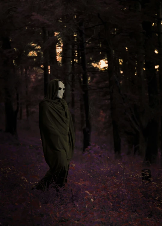 a dark figure in a forest wearing a blanket