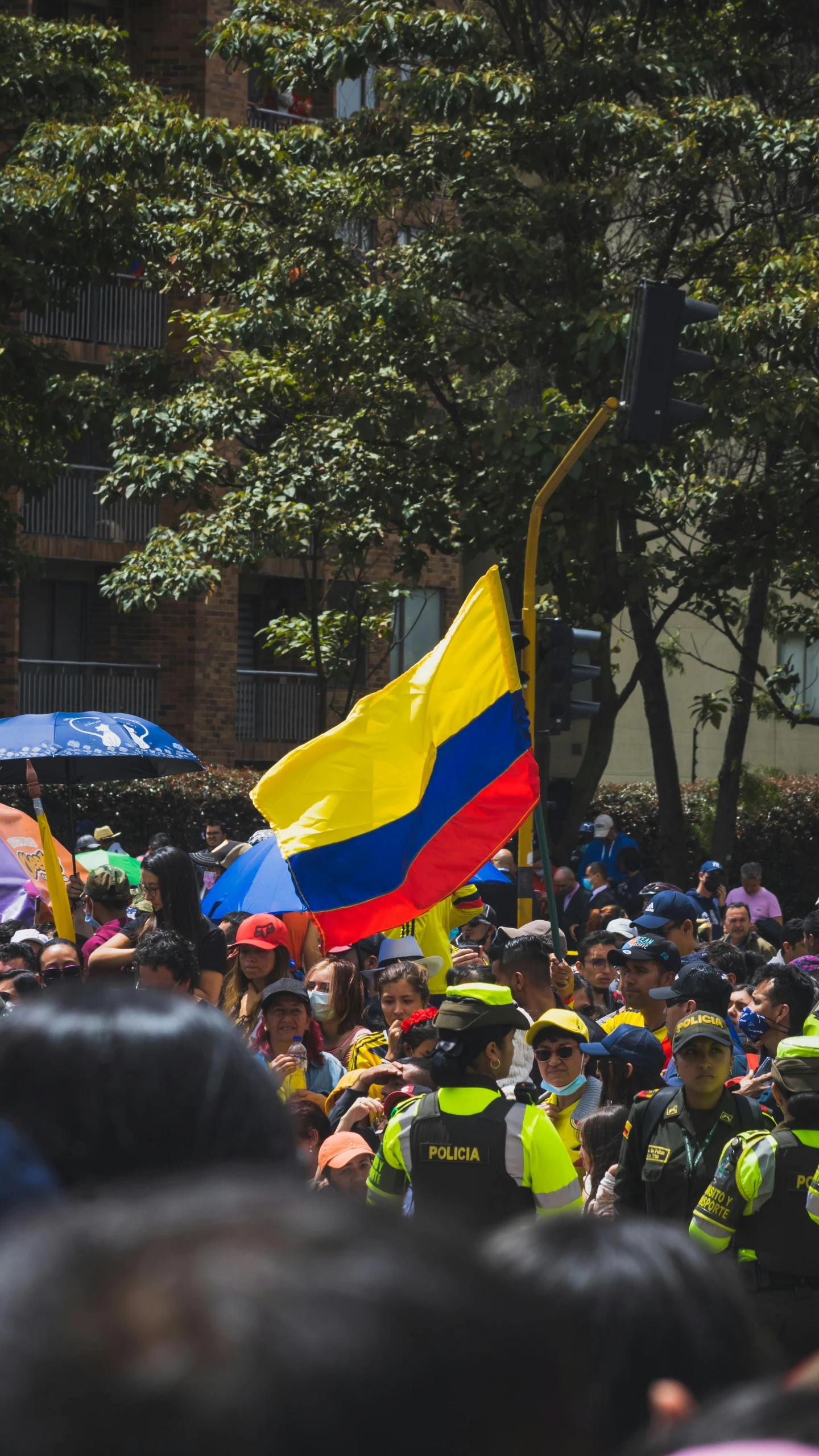 a crowd of protesters standing in the street with umbrellas