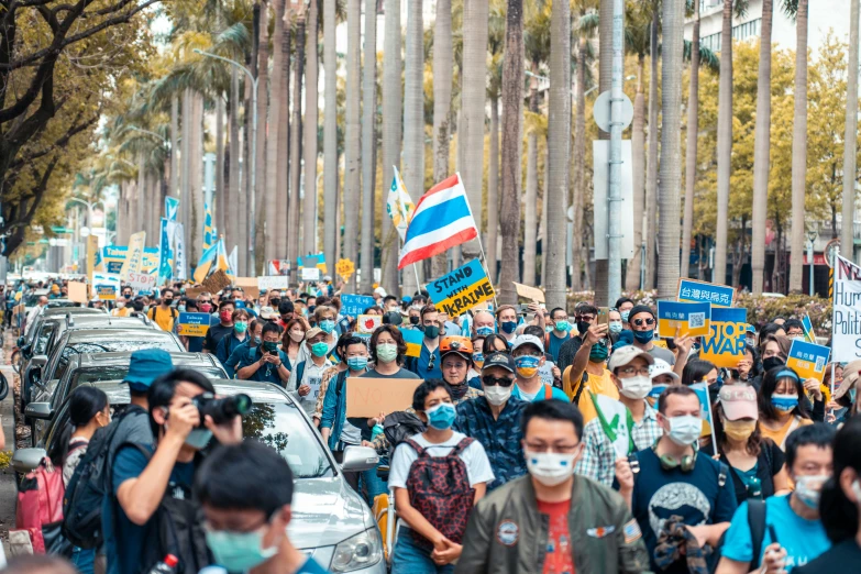 an image of many people walking on a street with protest signs