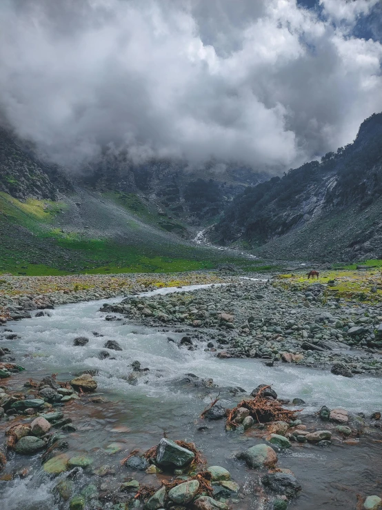 a river running through a green, rocky valley