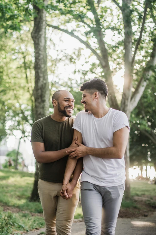 a couple of friends sharing a laugh while walking