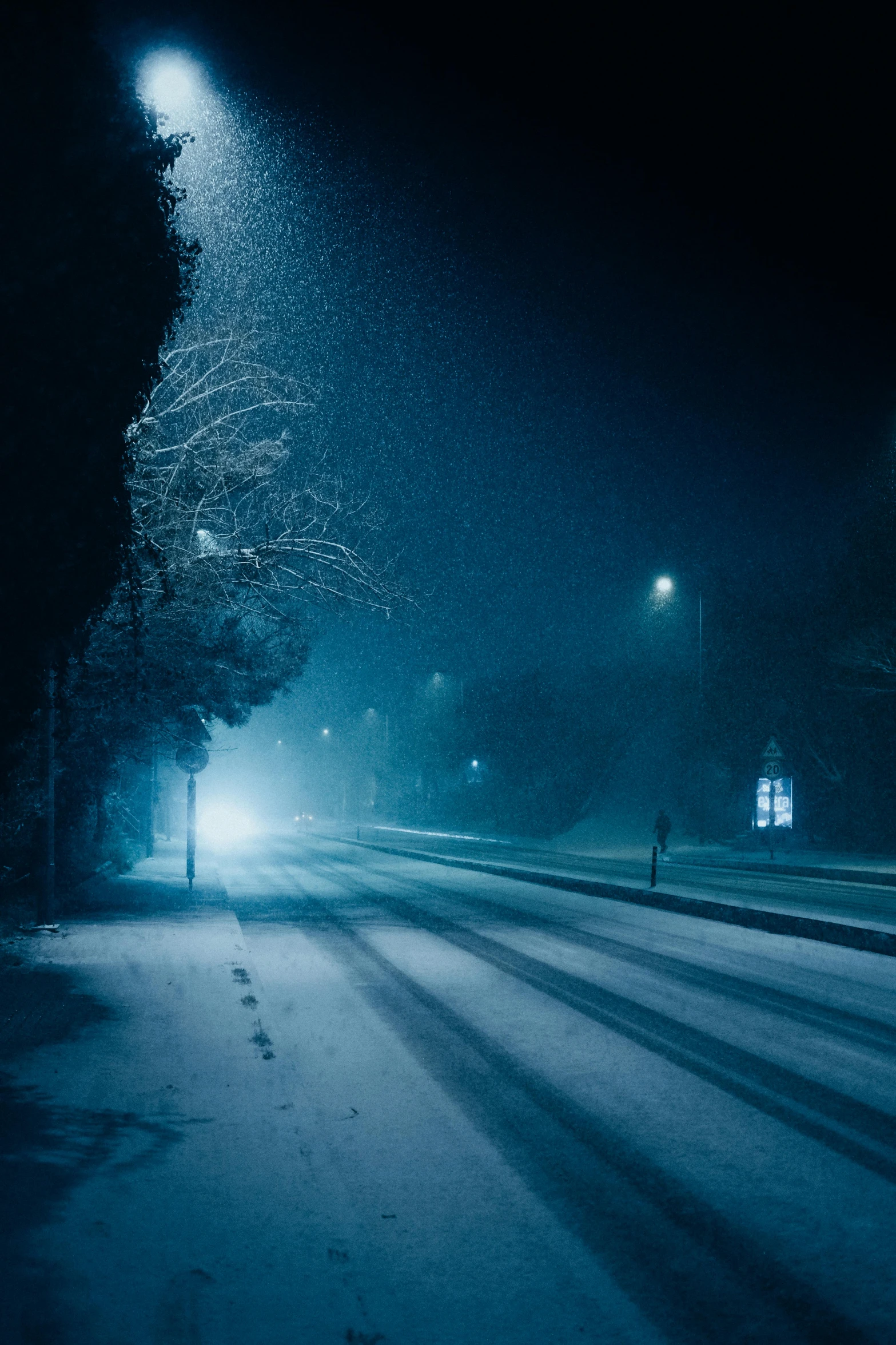 snow falling at night, street lights in the background