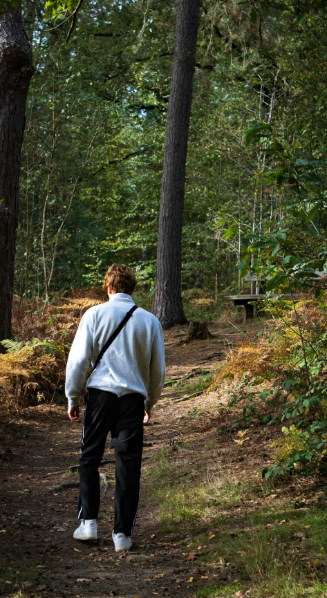 man walking down pathway in wooded area with bench