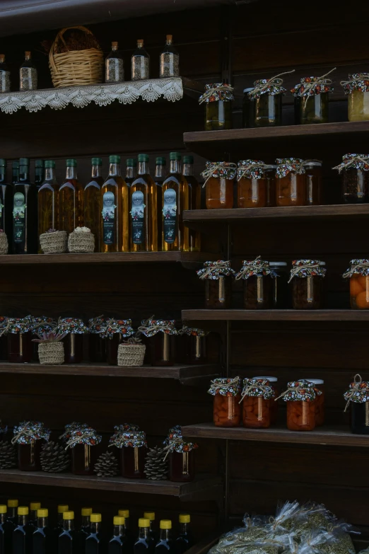 shelves with jars filled with spices and knick - knacks