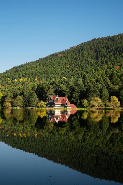 a reflection of a house in water on a clear day