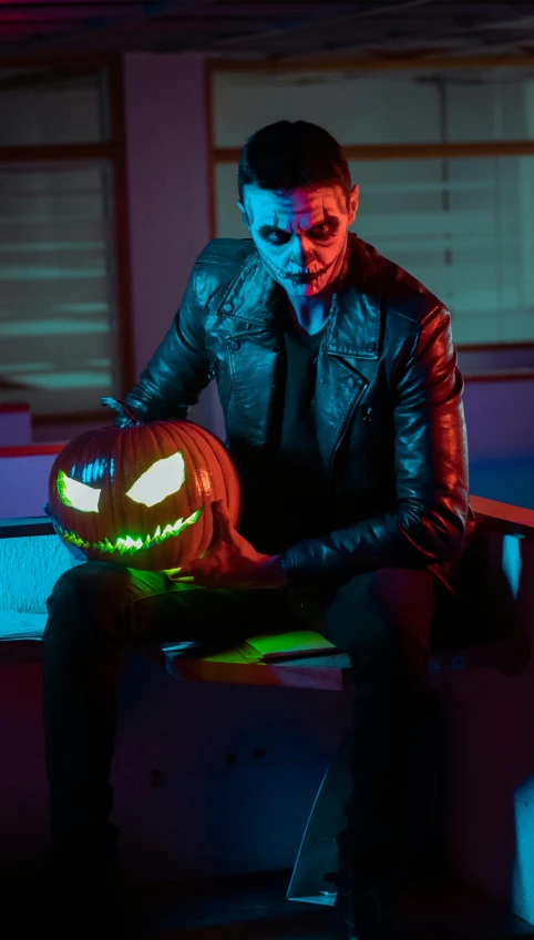 a man sitting on a bench in a dimly lit room