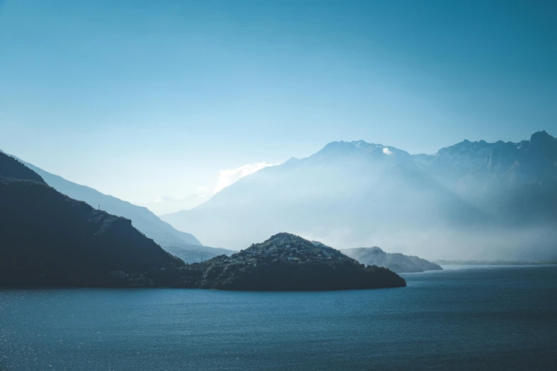 the mountains on the horizon and water in the foreground