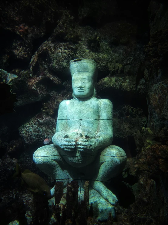 an underwater po of a statue in the ocean