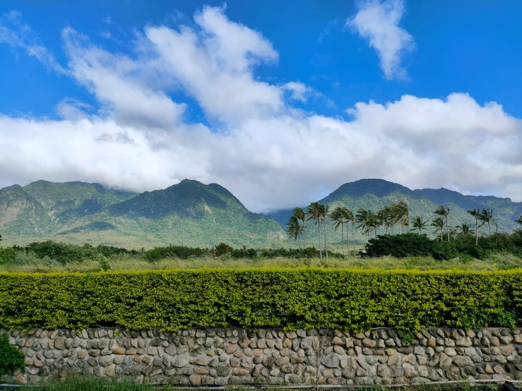 landscaped po of mountains with hedges near stone wall