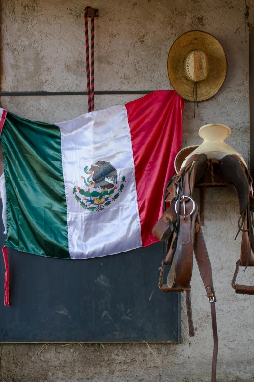 a mexican flag sitting on the back of a horse's saddle