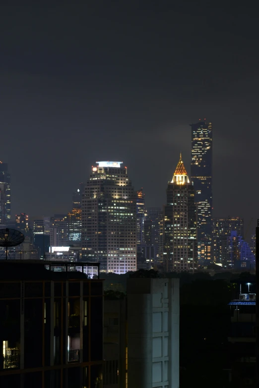 the city lights shine brightly behind a foggy skyline