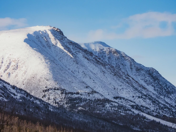 a snow - covered mountain range is shown against a blue sky