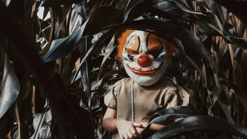 a child dressed as a scary clown with yellow and red makeup