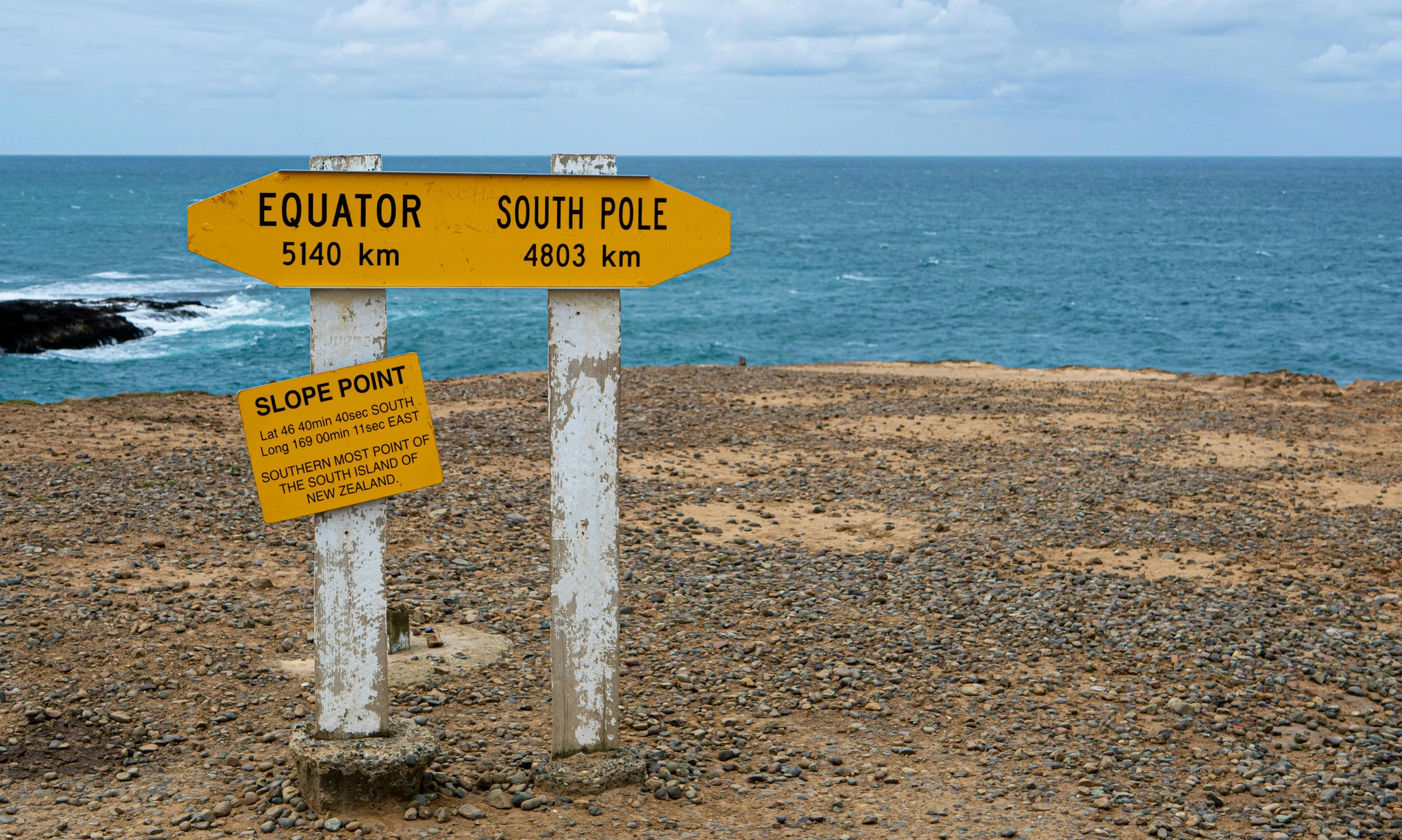 two yellow and white signs on some gravel