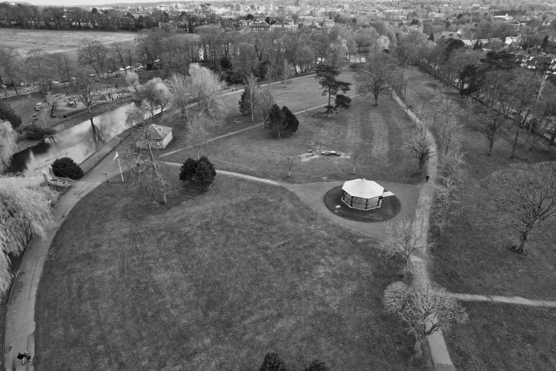 an aerial po of the circular house in black and white